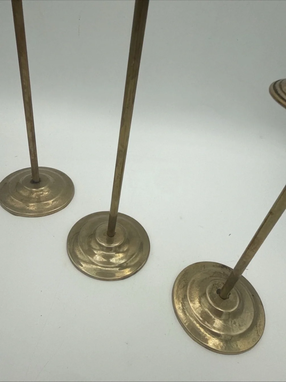 3 VTG Brass graduated MCM Taper Candle Holders Patina 10”, 9”, 8” minimalist